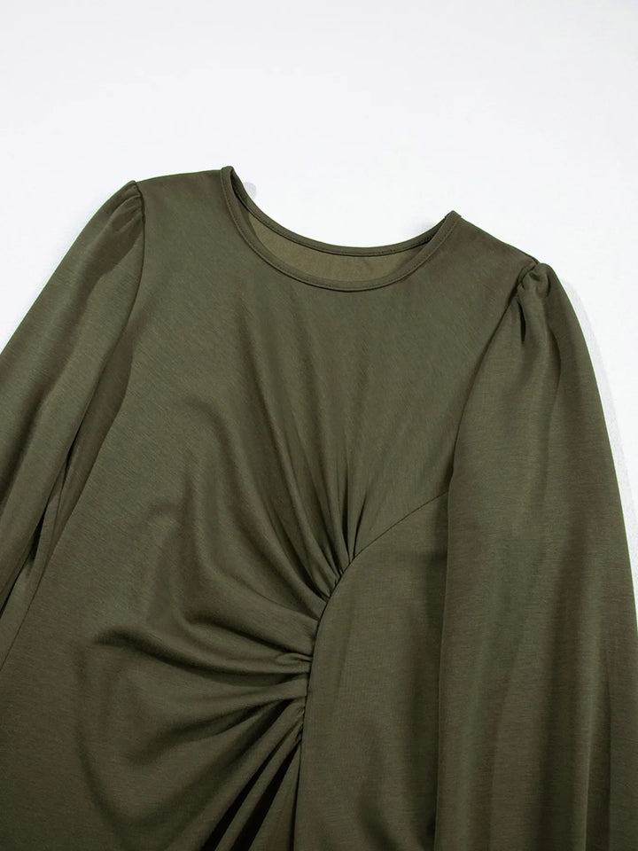 Solid Color Ruched Detail Long Sleeve Midi Dress