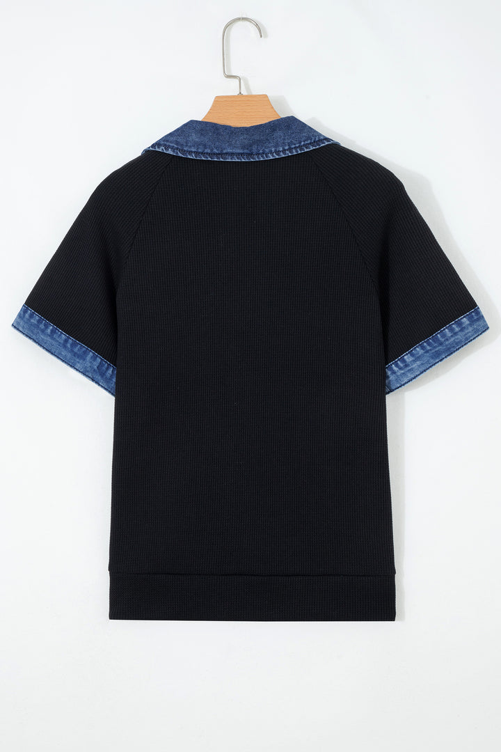 Black Waffle Knit Denim Contrast Trim Patchwork Button Polo Collar Top