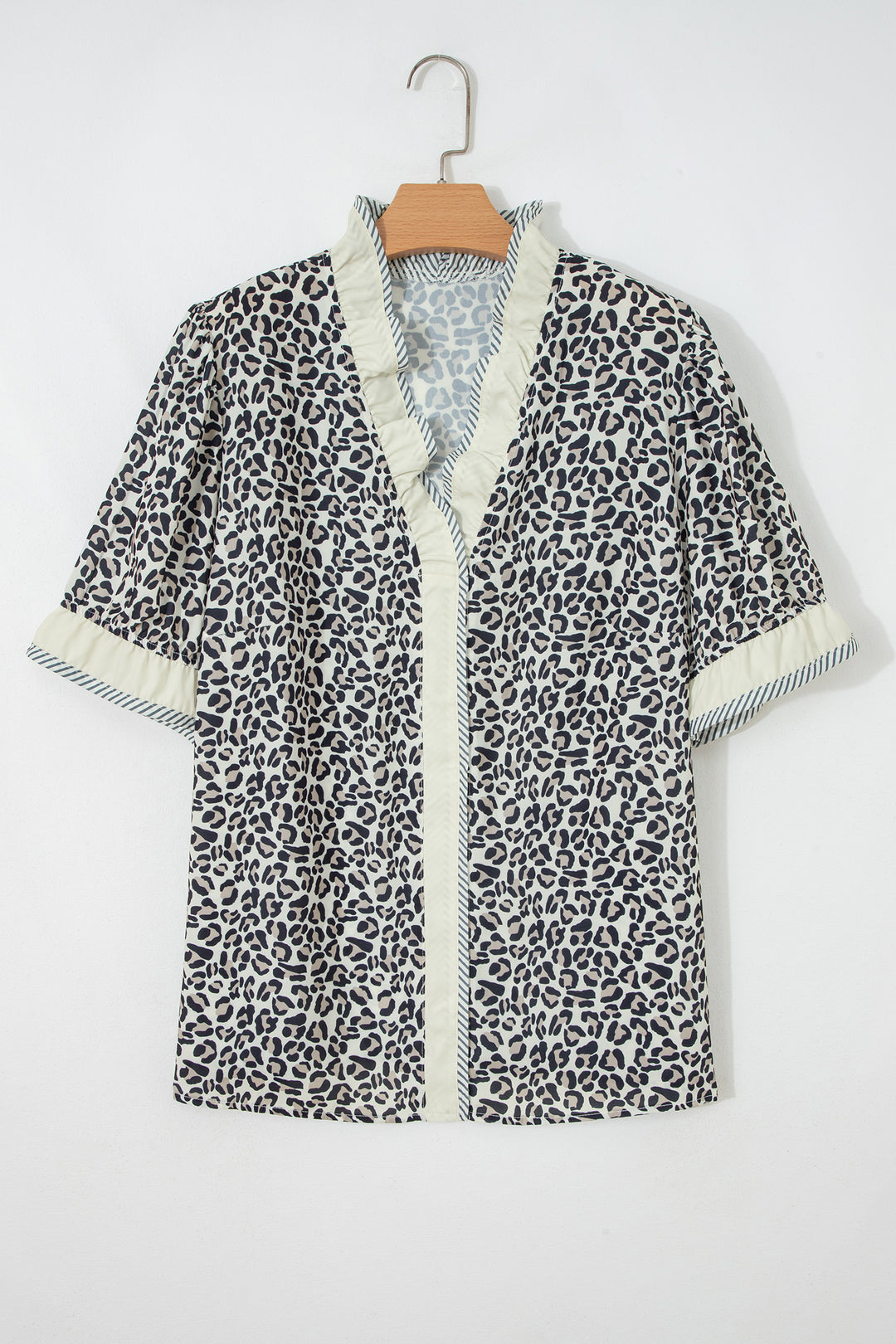 Black Plus Leopard Print Striped Color Block Trim Frilled V Neck Short Sleeve Blouse