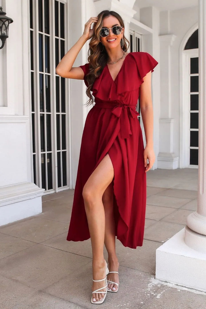 Tied Front Ruffled Short Sleeve Midi Dress