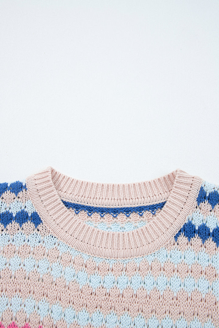 Khaki Stripe Eyelet Patterned Drop Shoulder Sweater