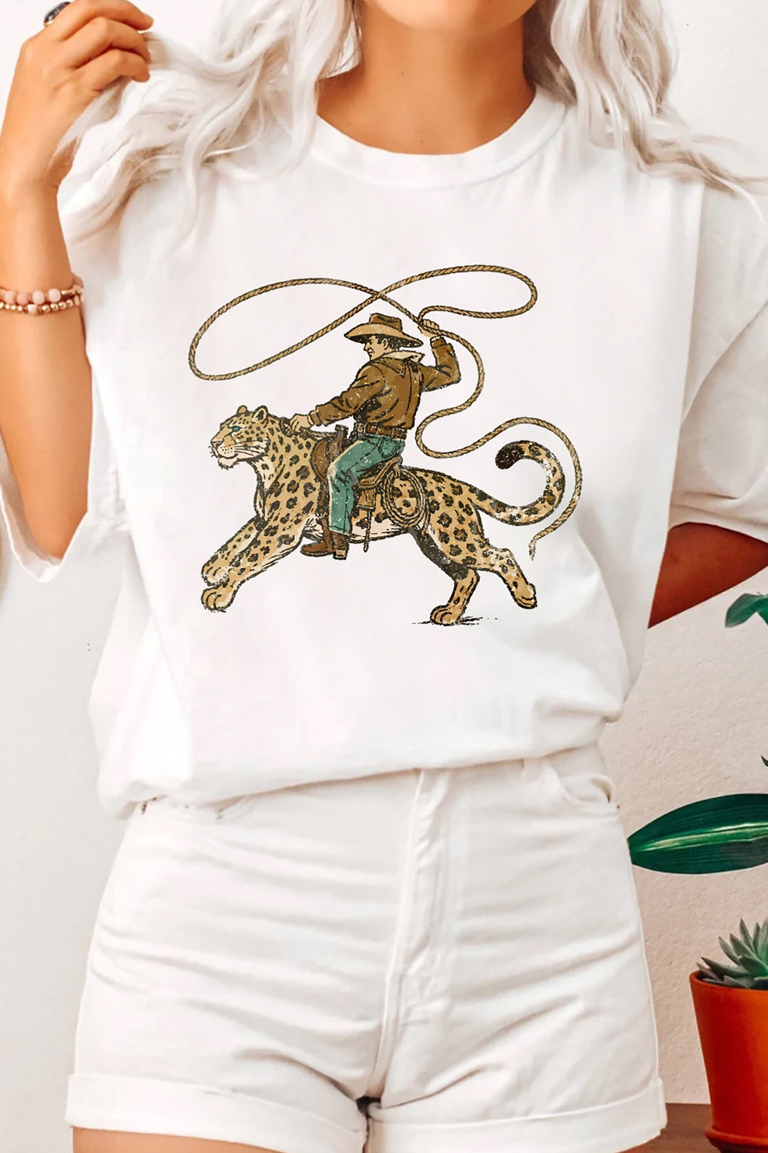 White Leopard Rodeo Cowboy Graphic Casual Tee