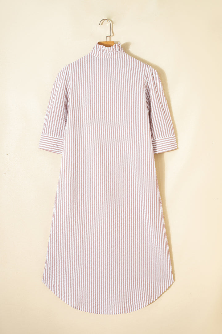Khaki Stripe Frilled Collar Half Sleeve Shirt Maxi Dress