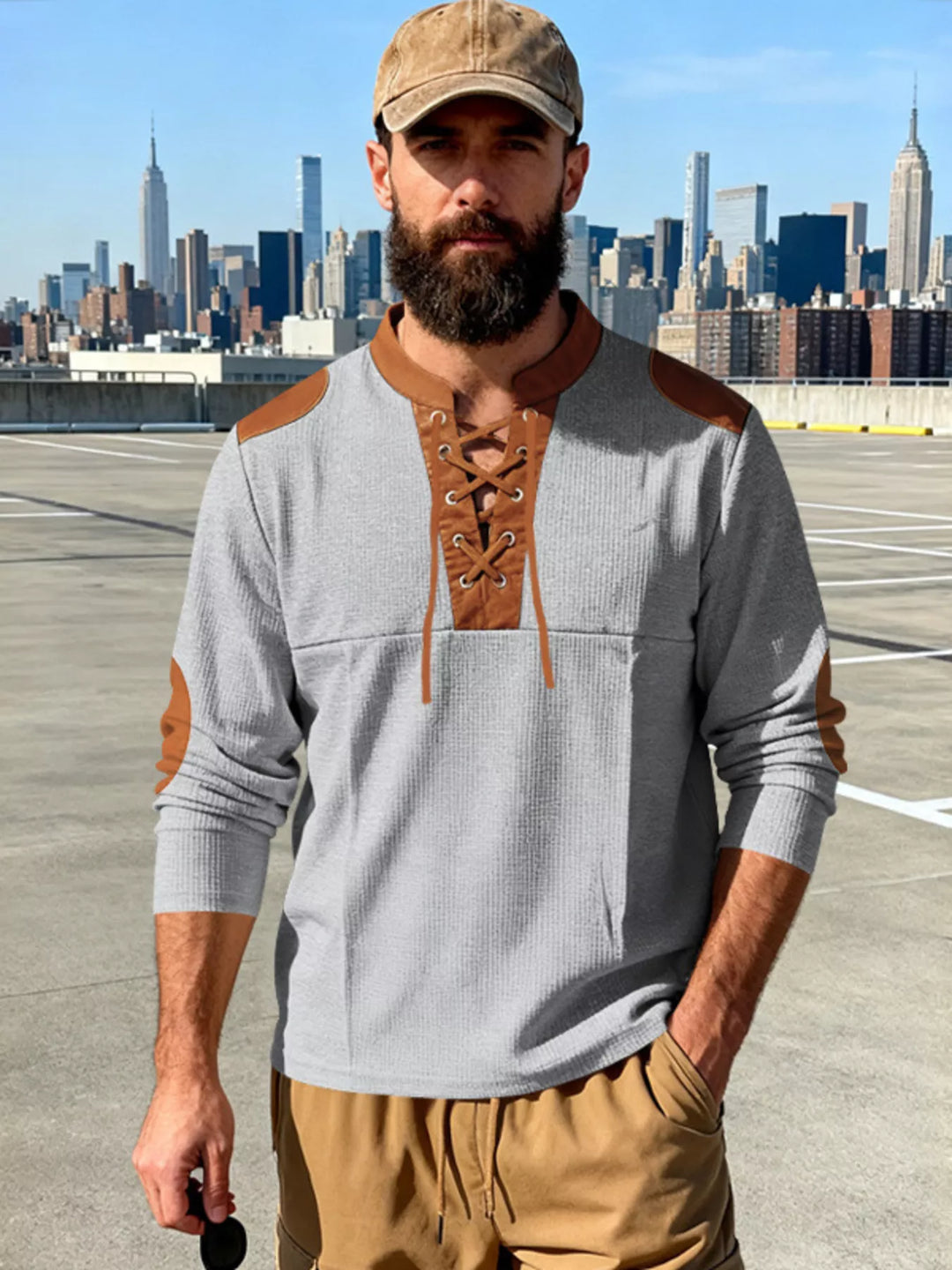 Men's Full Size Vintage Lace-Up Long Sleeve T-Shirt Plus Size