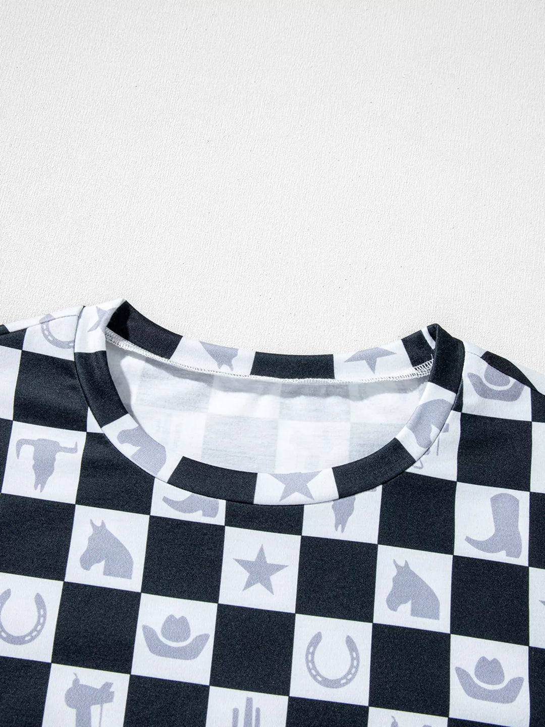 Western Checkerboard Print Side Split T Shirt