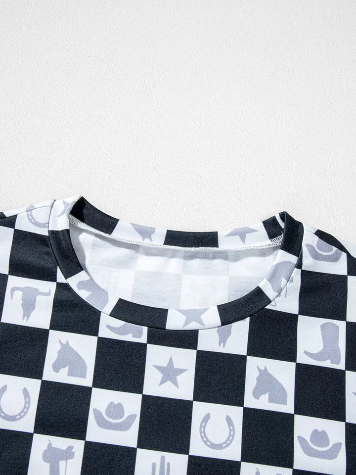 Western Checkerboard Print Side Split T Shirt