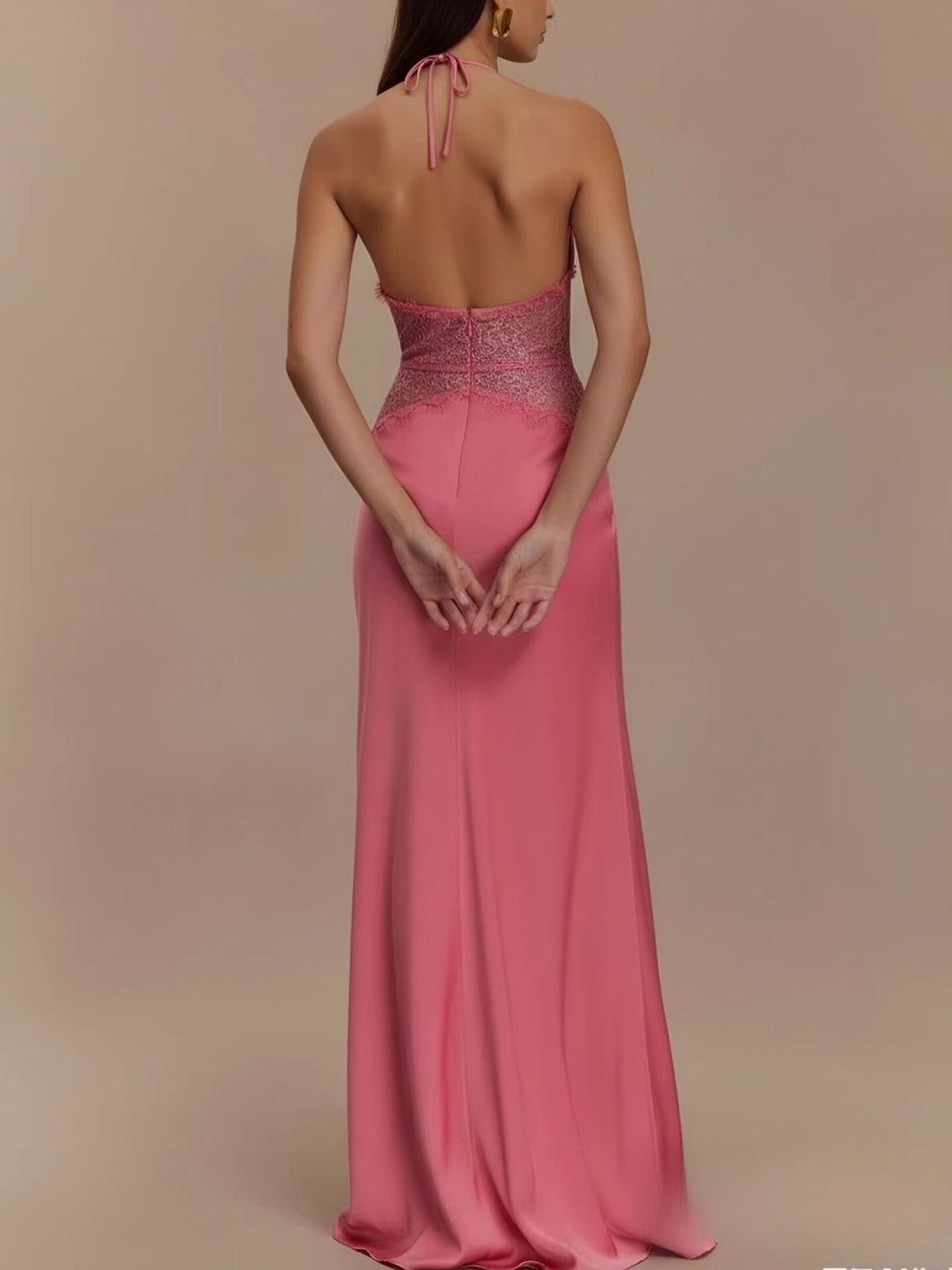 Halter Neck Lace Trimmed Maxi Dress