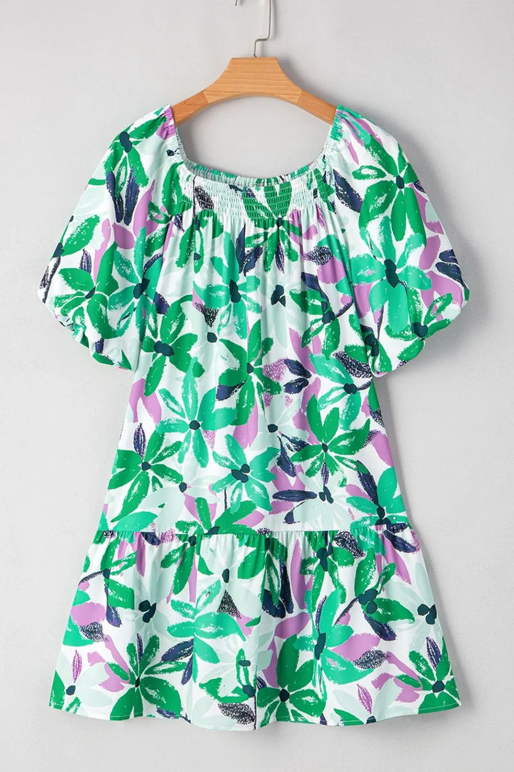 Floral Print Shirred Square Neck Loose Fit Mini Dress