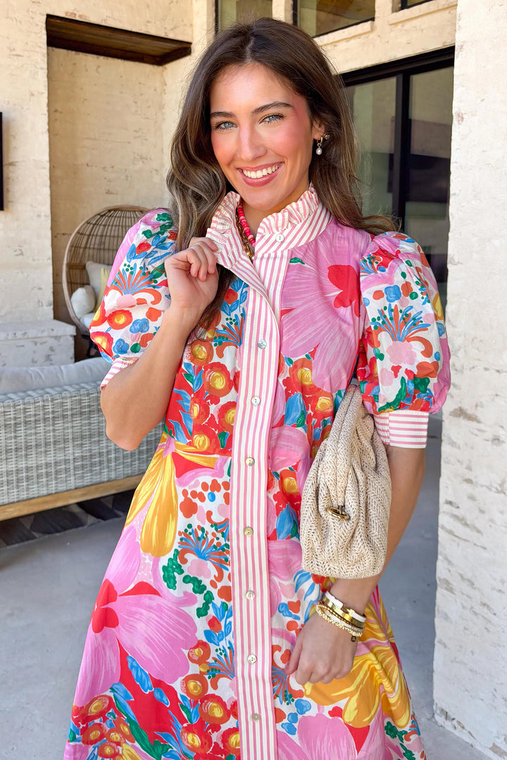 Green Stripe Floral Print Striped Trim Button Down Short Sleeve Vacation Dress