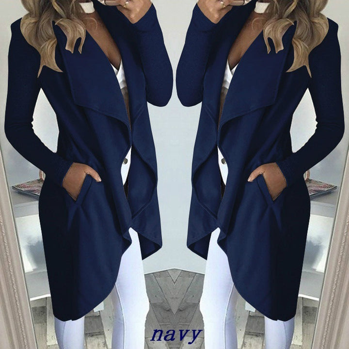 Women's Plus Size Solid Color Polo Collar Slim Fit Long Trench Coat
