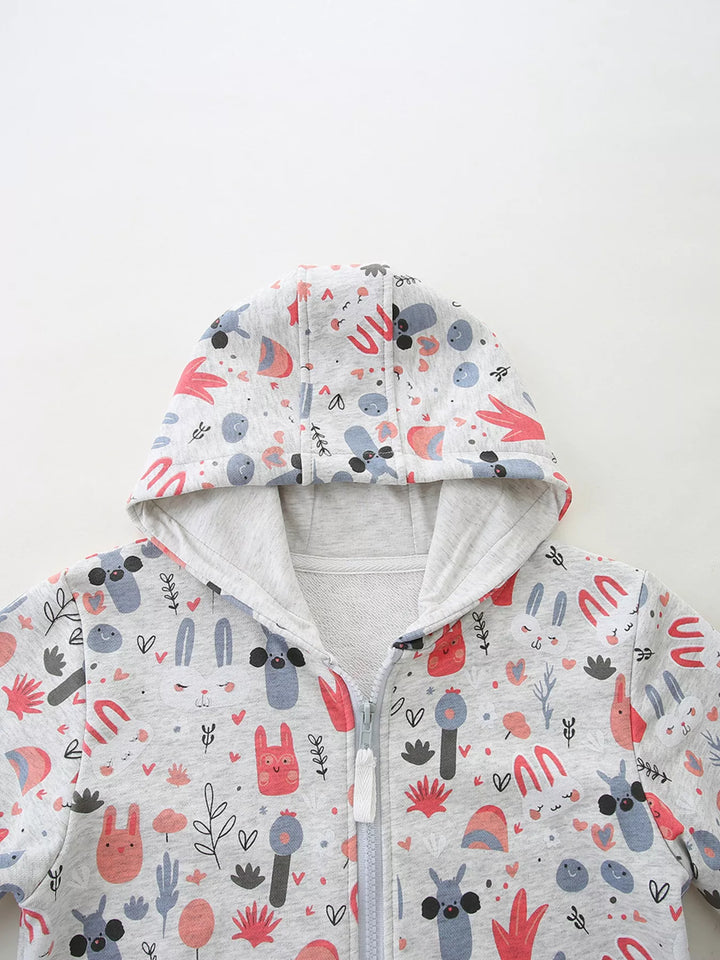 Children's Playful Cartoon Print Zip-Up Hoodie