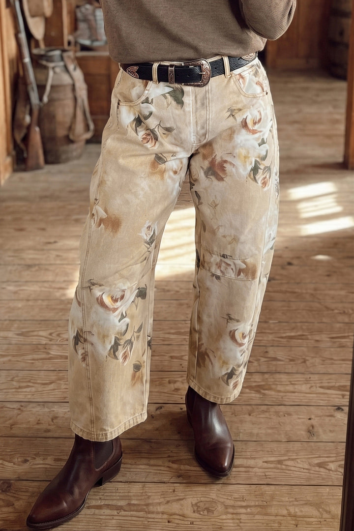 Khaki Retro Floral Print Relaxed Barrel Jeans