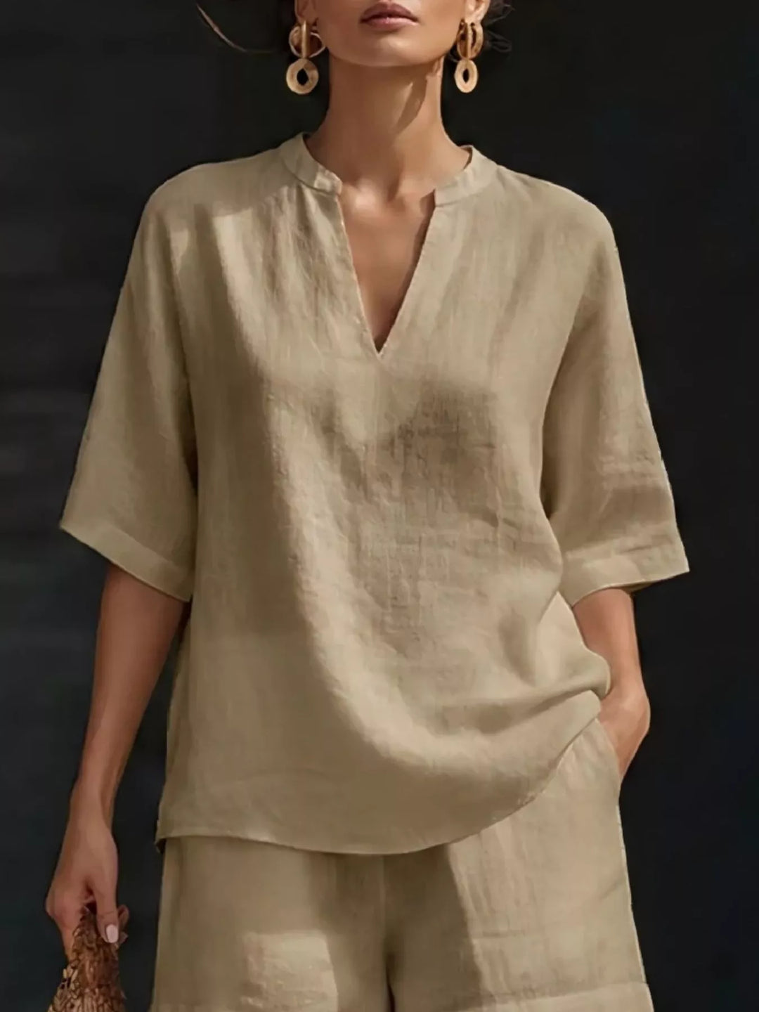 Full Size Notched Half Sleeve Top and Shorts Set Plus Size