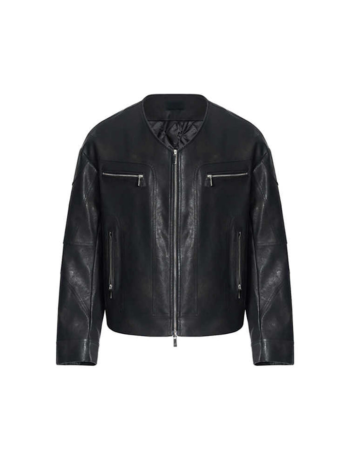 Niche V-neck Zipper Design Leather Coat For Men