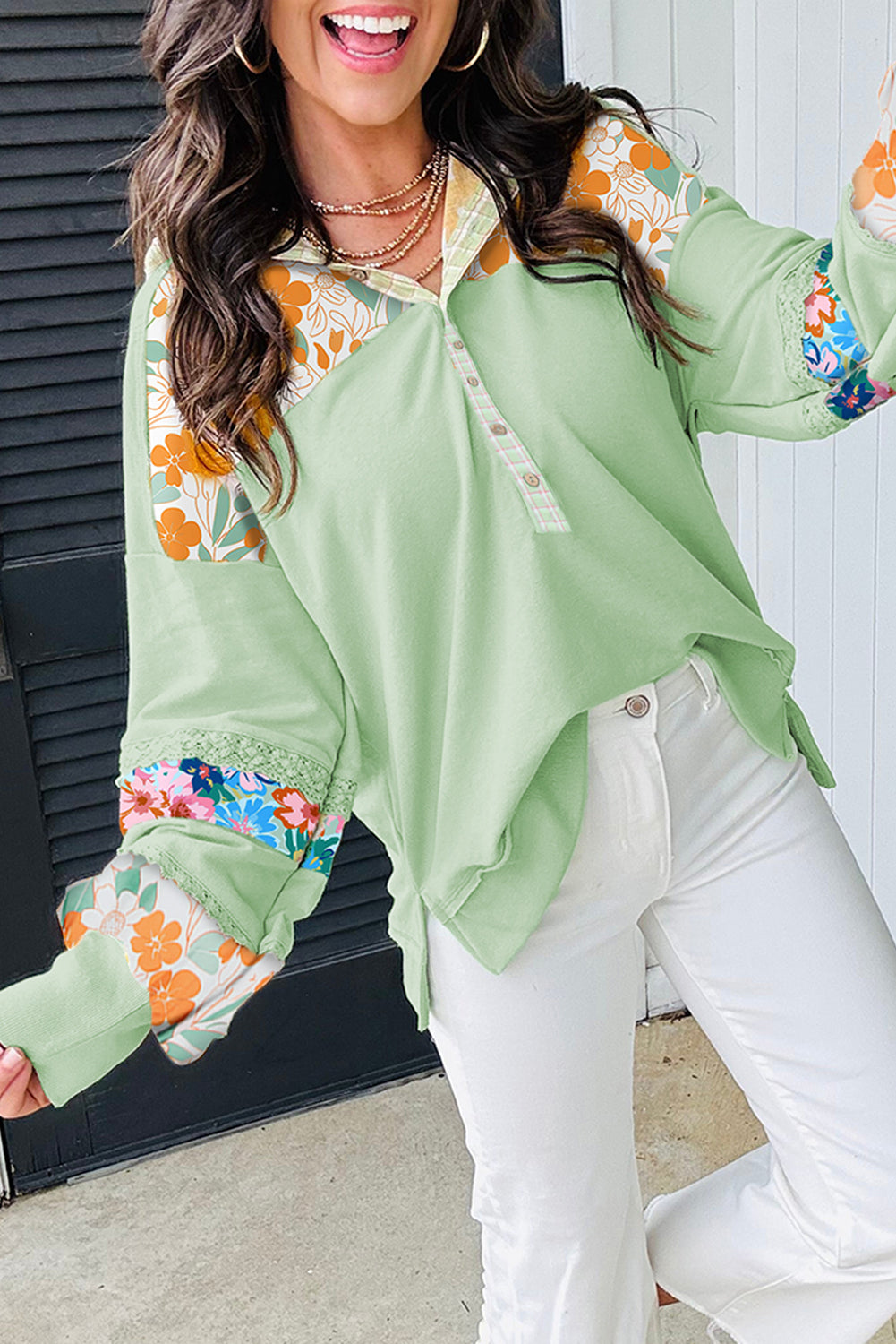 Clearly Aqua Lace Floral Patchwork Half Button Hooded Pullover