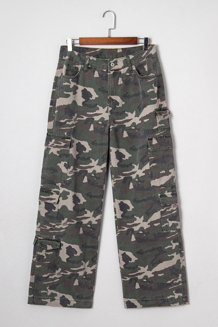 Green Camo Denim Cargo Wide Leg Pants
