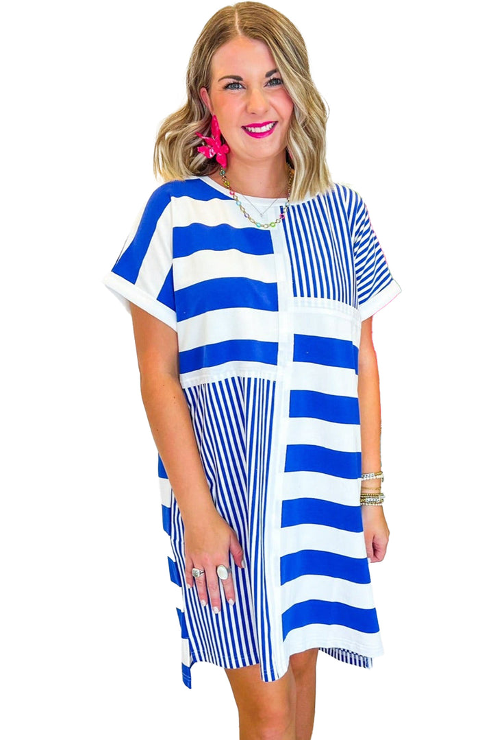 Blue Stripe Mixed Printed Short Sleeve Shift Mini T Shirt Dress