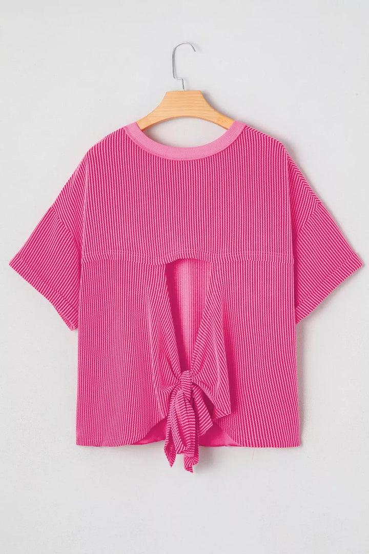 Spiral Ribbed Cutout Bow Knot Back Oversize Top