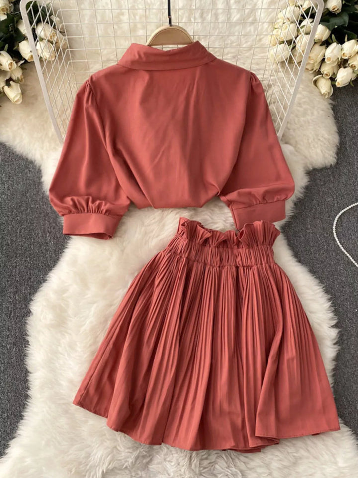 Puff Sleeve Shirt and Pleated Skirt Set