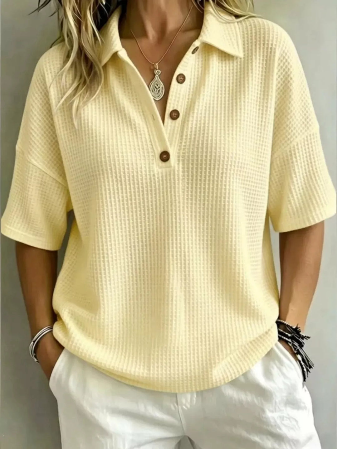 Full Size Waffle Knit Polo Top with Button Detail Plus Size