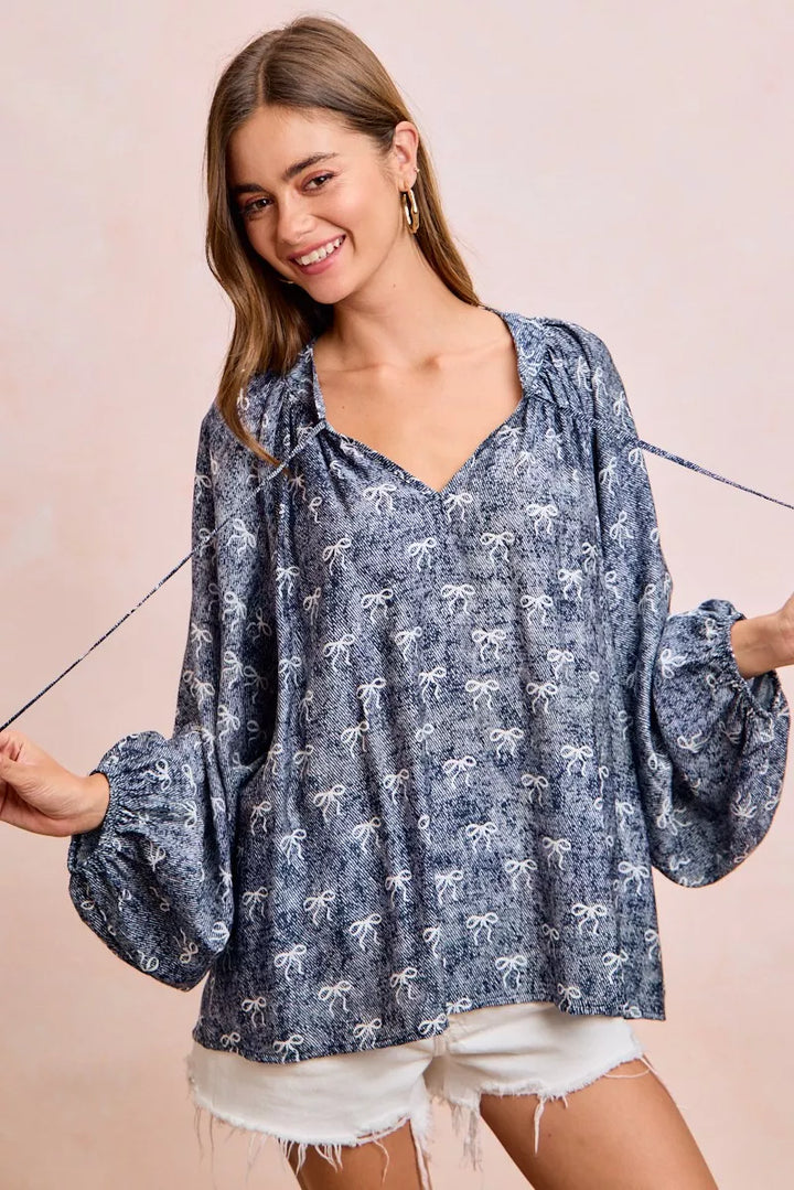 BiBi Ribbon Bow Print Exaggerated Balloon Sleeves Top