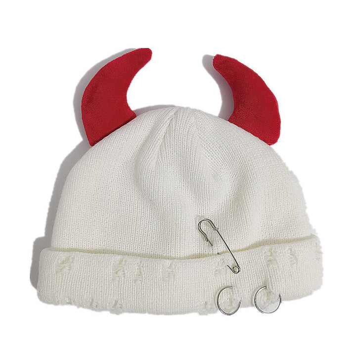 Knitted Wool Hat With Hole-decorated Gourd-shaped Devil-ear Pins