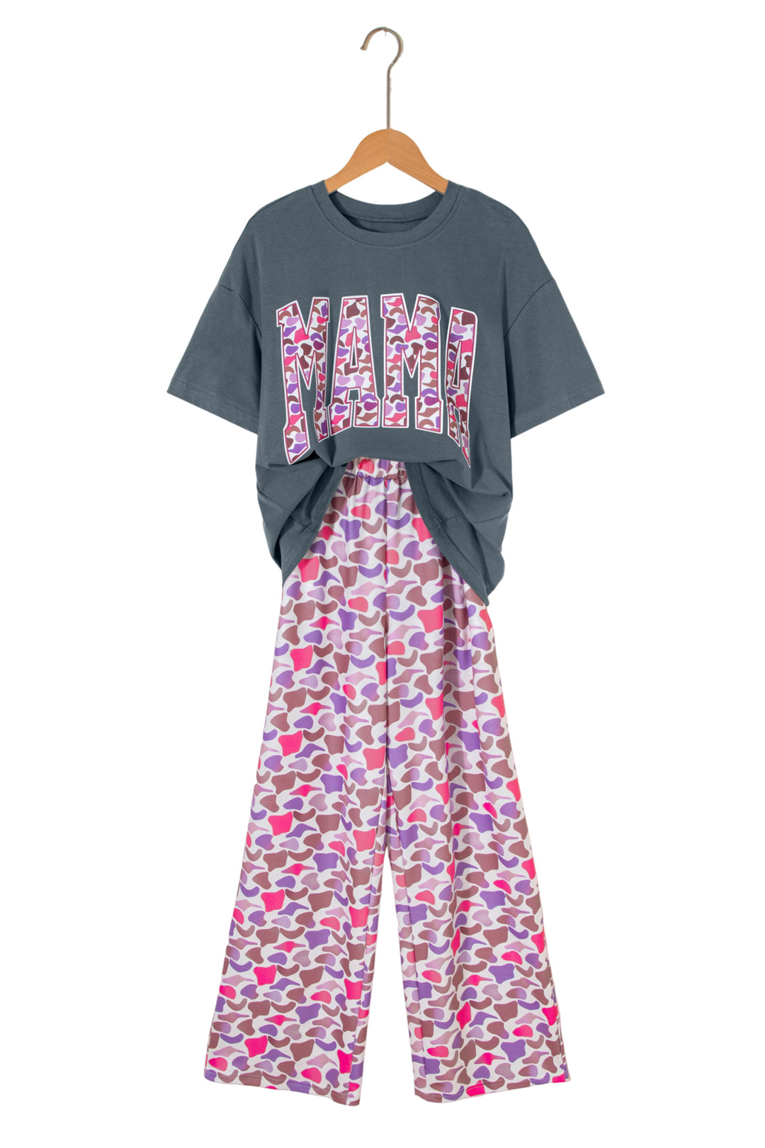Medium Grey MAMA Letter Graphic Tee Camouflage Print Loose Pant Set