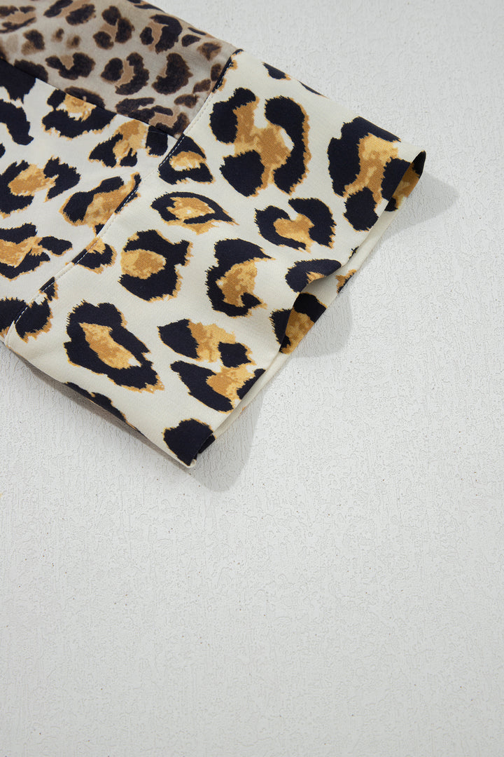 Khaki Mixed Leopard Patchwork 3/4 Sleeve Loose Shirt