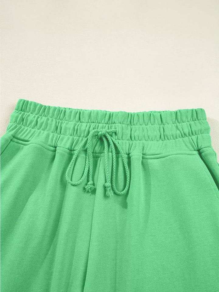Drop Shoulder Puff Sleeve Crop Top and Drawstring Wide Leg Pants Set