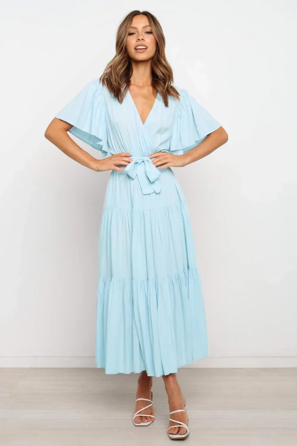 Tied Back Tiered Short Sleeve Midi Dress
