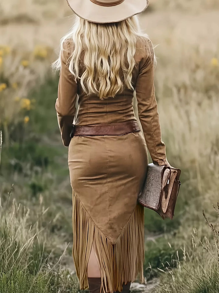 Zip Front Long Sleeve Fringe Dress