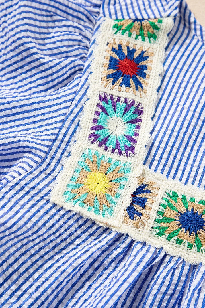 Stripe Textured Ruffle Short Sleeve Boho Detail Square Neck Blouse