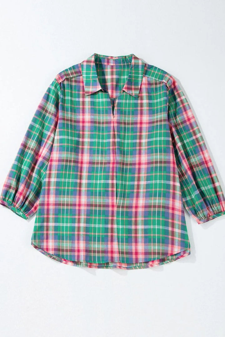 Plaid Collared Neck Three-Quarter Sleeve Shirt