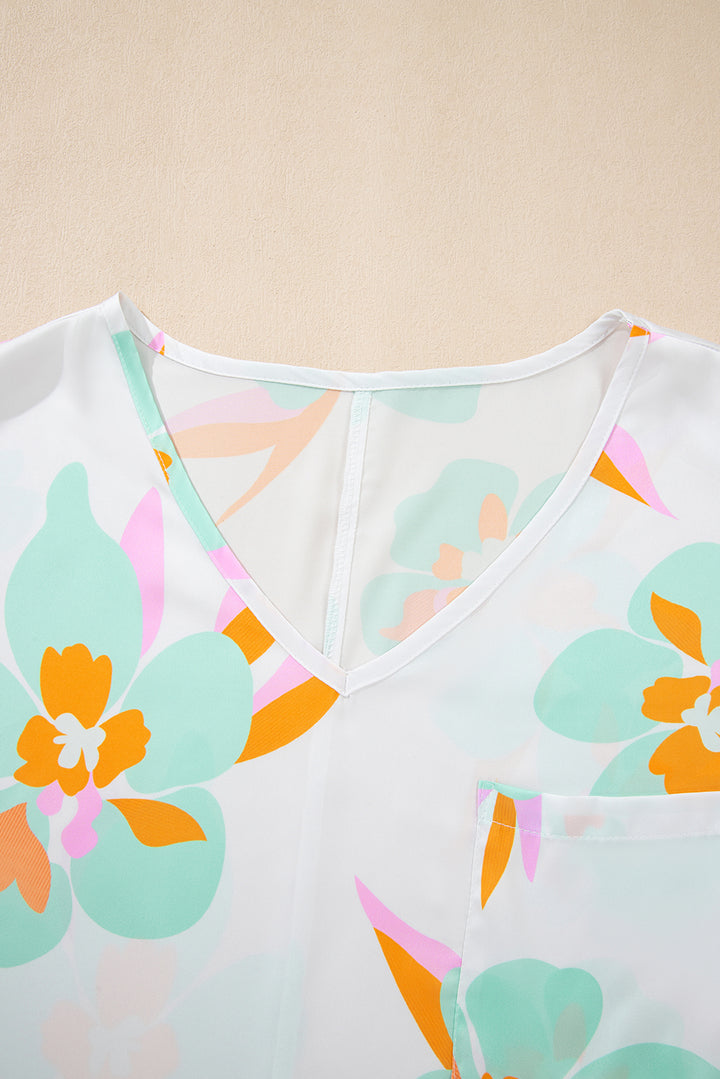 Green Floral Print Loose Fit V Neck Half Sleeve Blouse