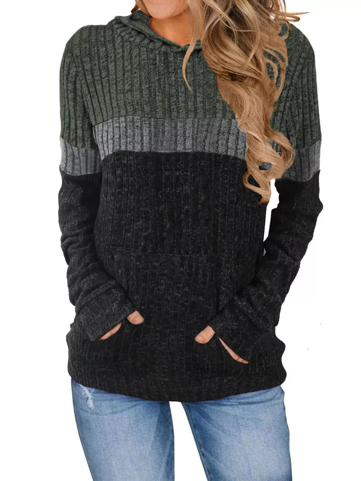 Full Size Color Block Ribbed Knit Hoodie Plus Size