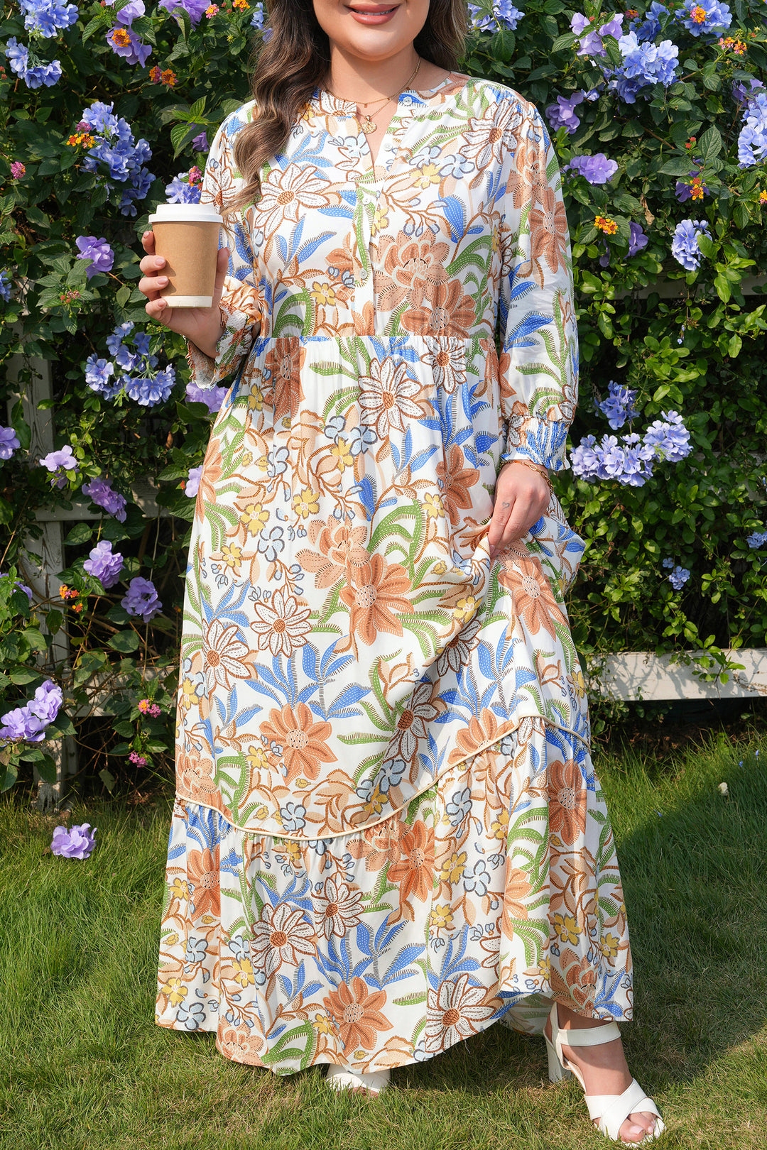 Khaki Floral Print 3/4 Sleeves Tiered Plus Size Long Dress