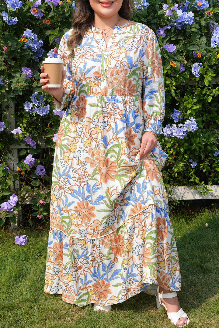 Khaki Floral Print 3/4 Sleeves Tiered Plus Size Long Dress