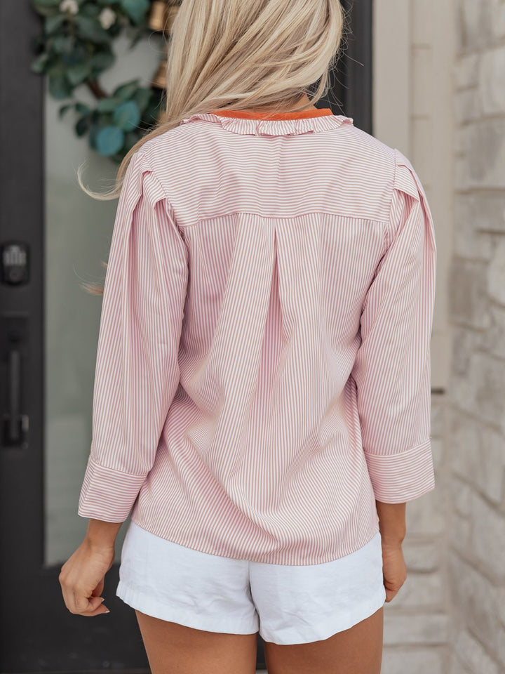 Stripe Color Block Patchwork Detail Frilled Collar Button Down Shirt