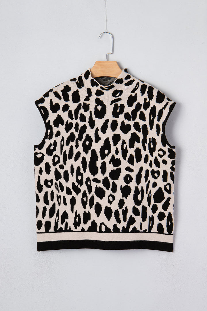 Black Leopard Print High Neck Short Sleeve Sweater