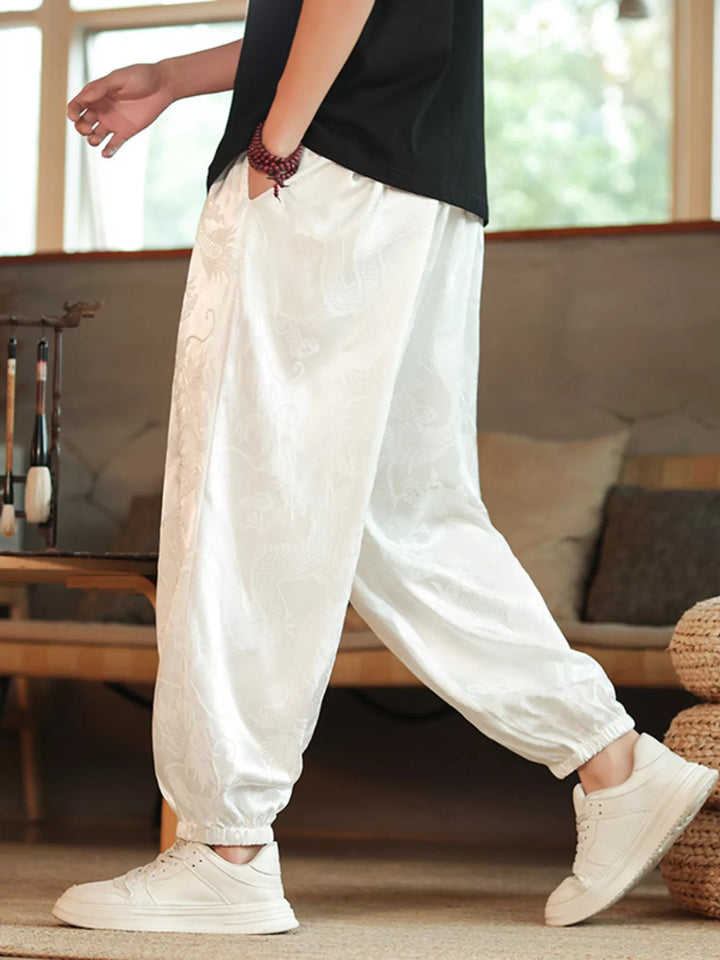 Men's Plus Size Dragon Pattern Silk Harem Pants