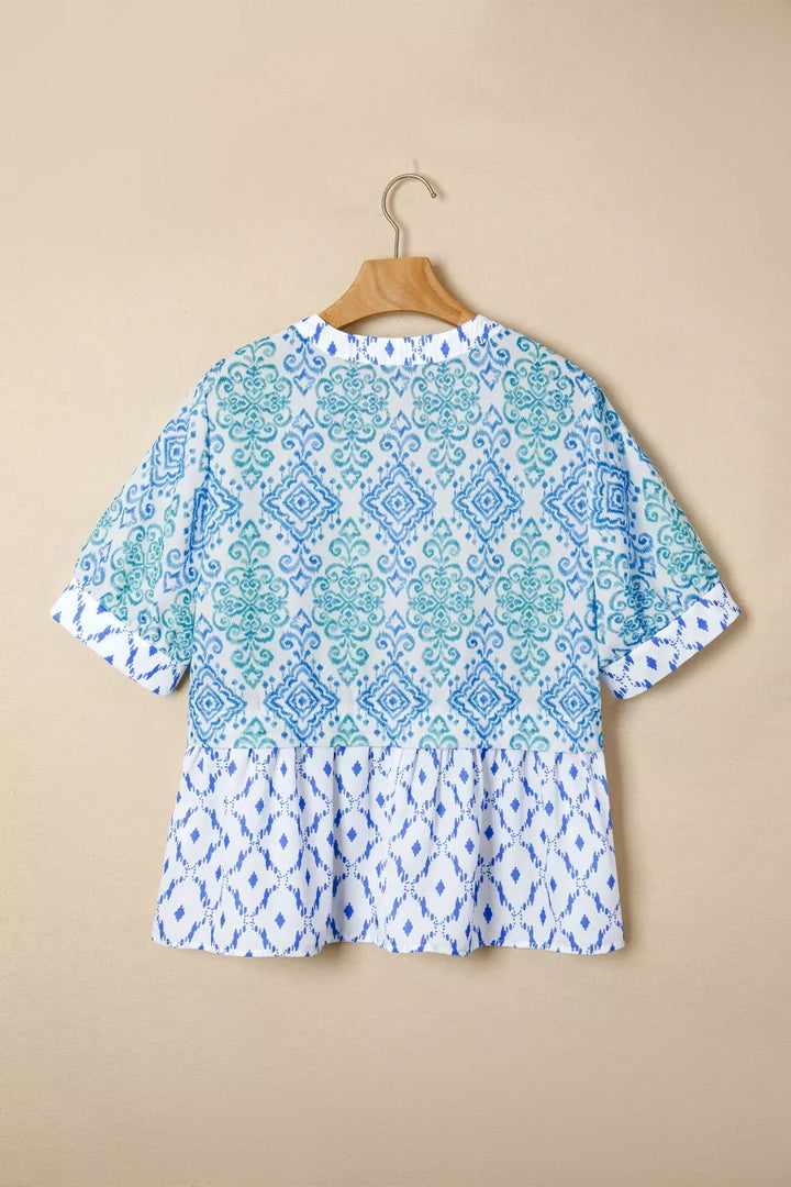 Floral Geometric Patchwork Short Puff Sleeve Babydoll Blouse