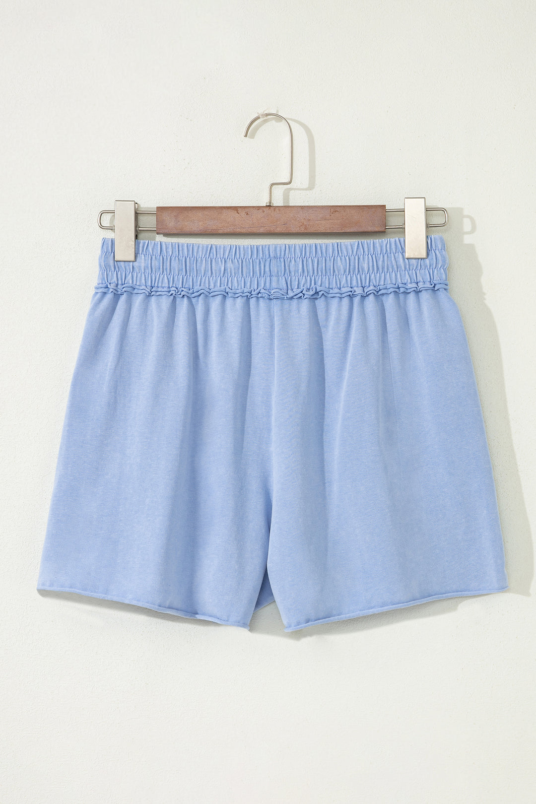 Sky Blue Mineral Washed Drawstring Elastic Waist Raw Cut Shorts