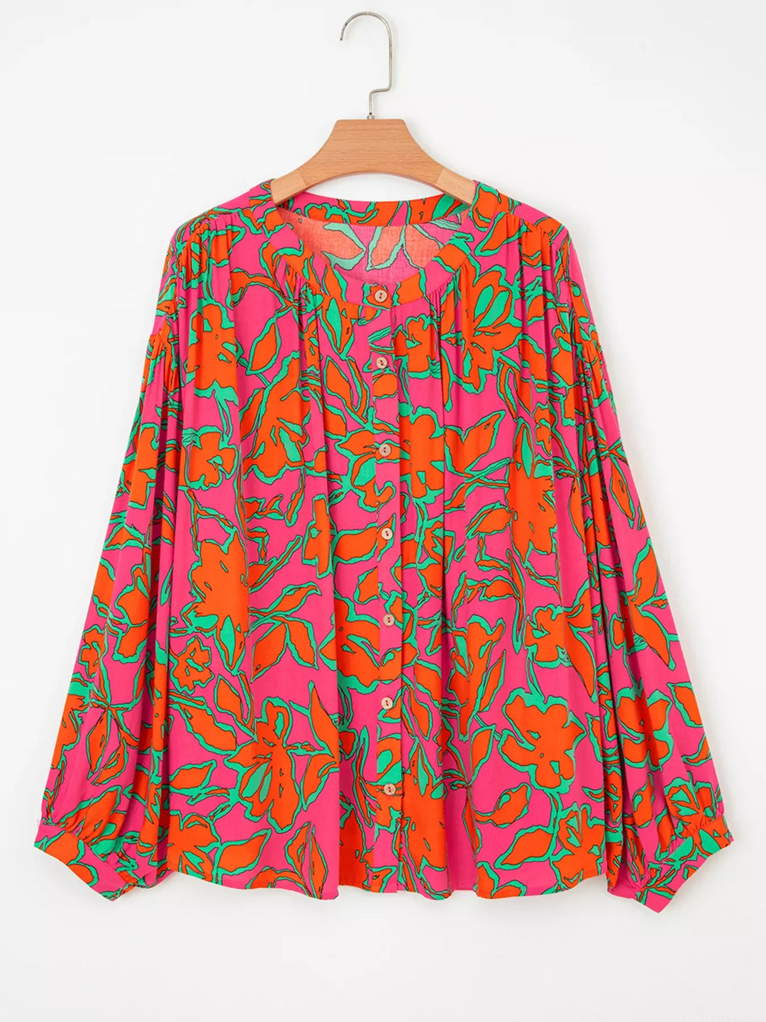 Floral Print Batwing Sleeve Buttoned Loose Fit Shirt