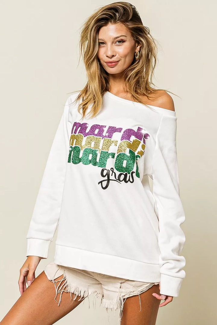 BiBi Mardi Gras Glitter Lettering Sweatshirt