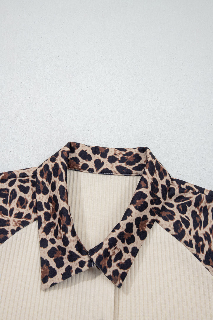 White Ribbed Texture Button Down Leopard Patchwork Short Sleeve Shirt
