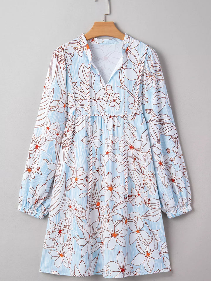 Floral Print Tie Neck Long Sleeve Mini Dress
