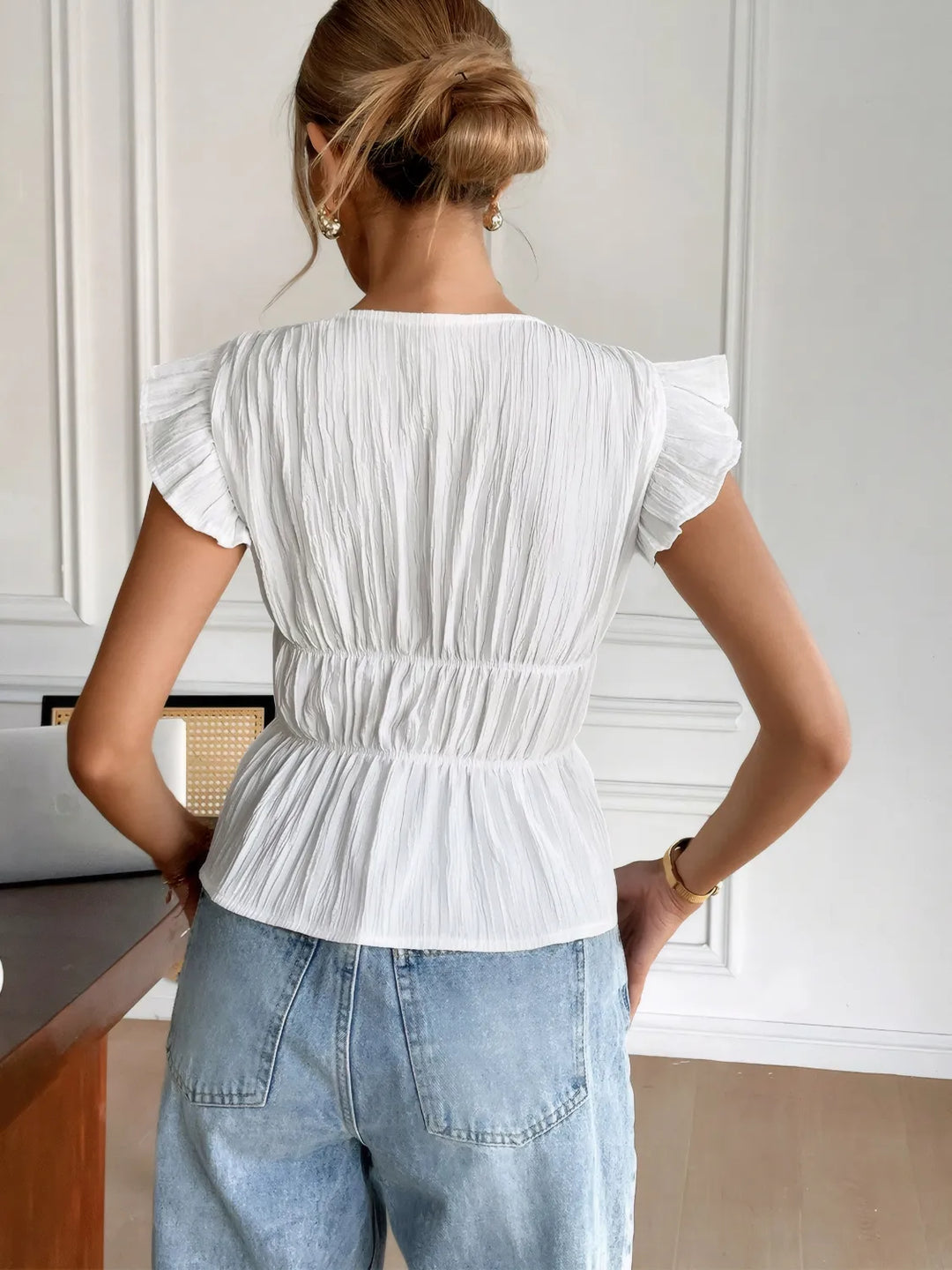 Bow V-Neck Cap Sleeve Blouse