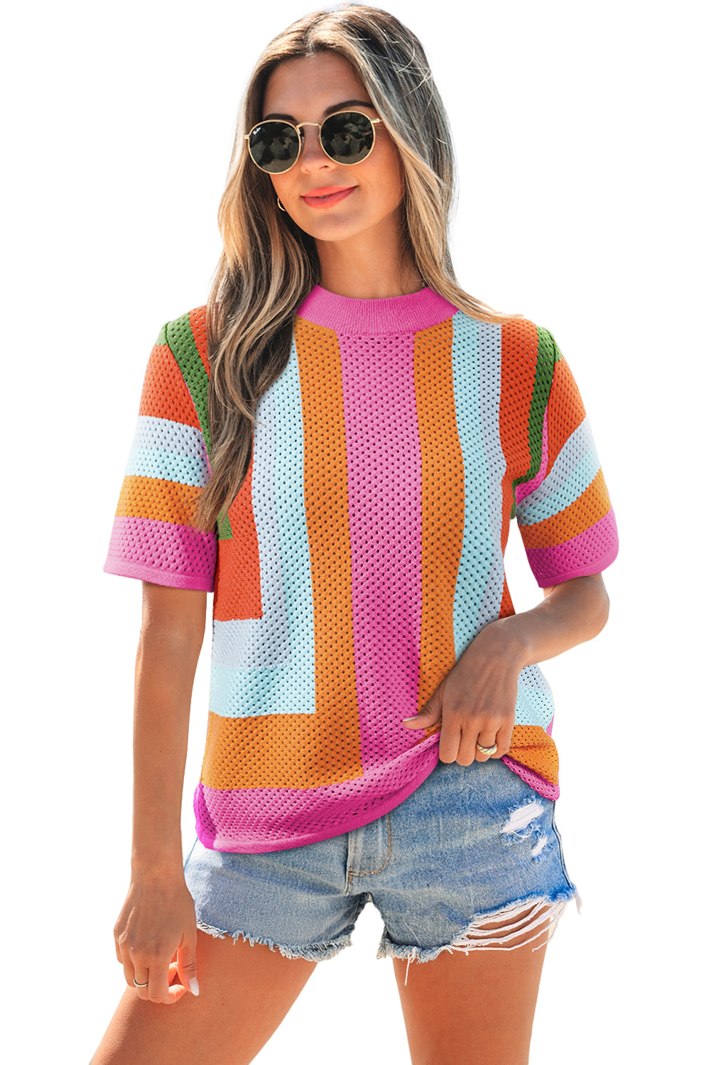 Orange Color Block Eyelet Casual Sweater T Shirt