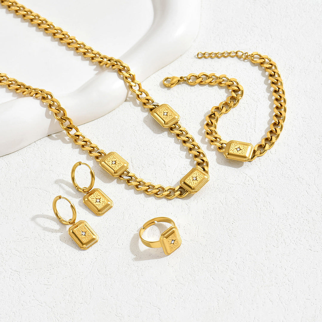 Ins Vintage Court Style Jewelry Set, Geometric Cubic Zirconia Inlaid Bracelet, Ring, Earrings & Versatile Niche Long Necklace For Women