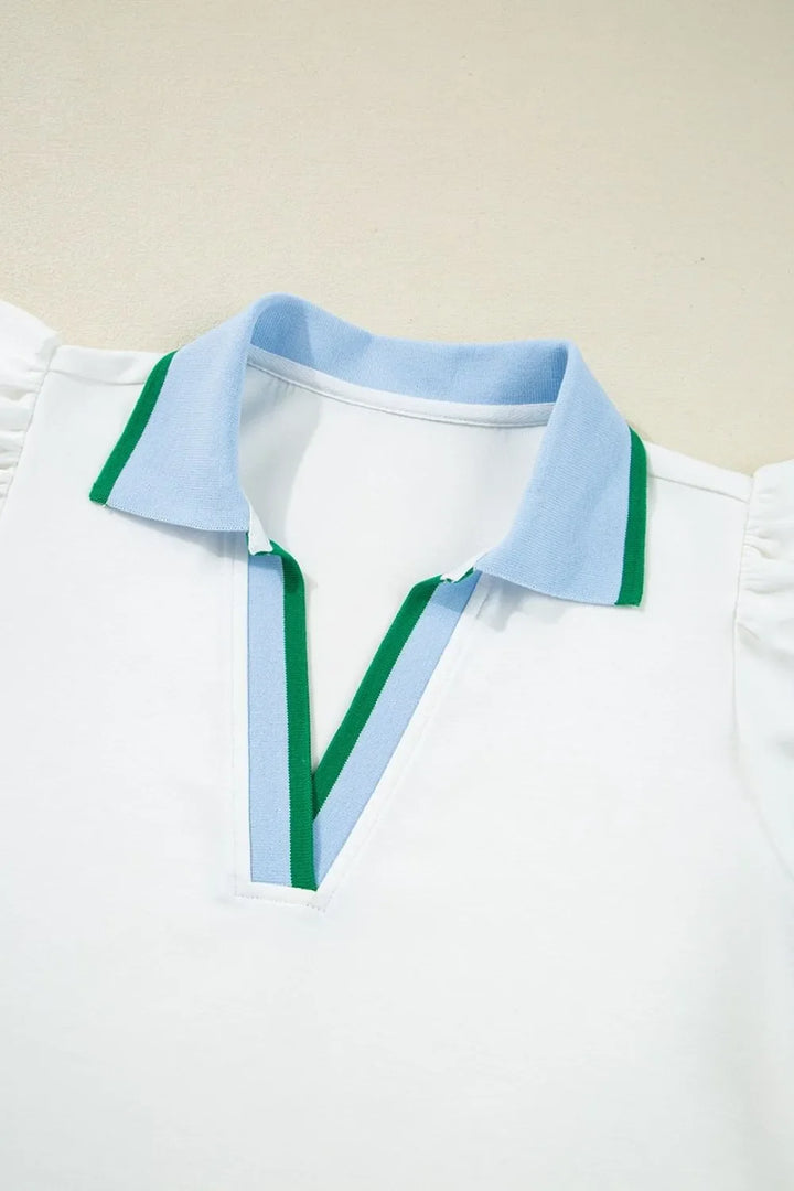 Contrast Ruffled Sleeve Collared V Neck Blouse